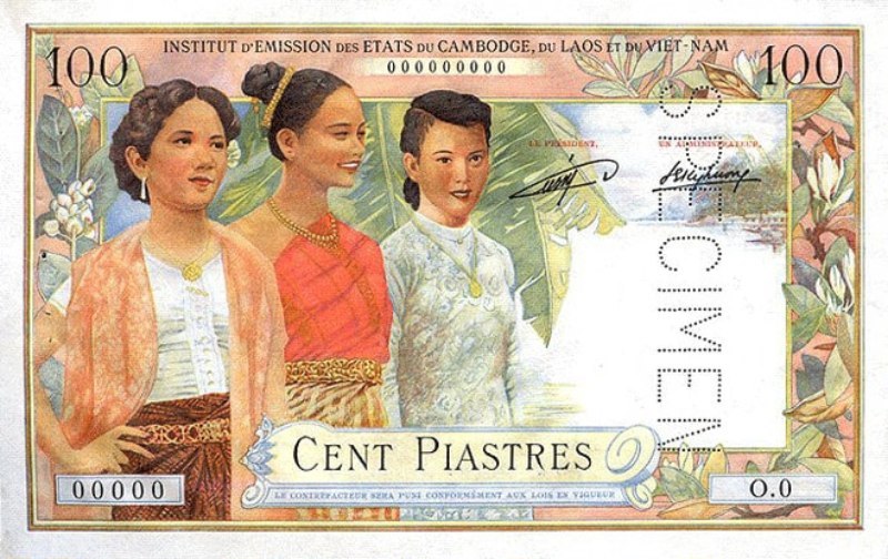 Billet d’Indochine de 100 piastres, émis par la France entre 1885 et 1954, représentant trois jeunes femmes du Laos, du Cambodge et du Vietnam